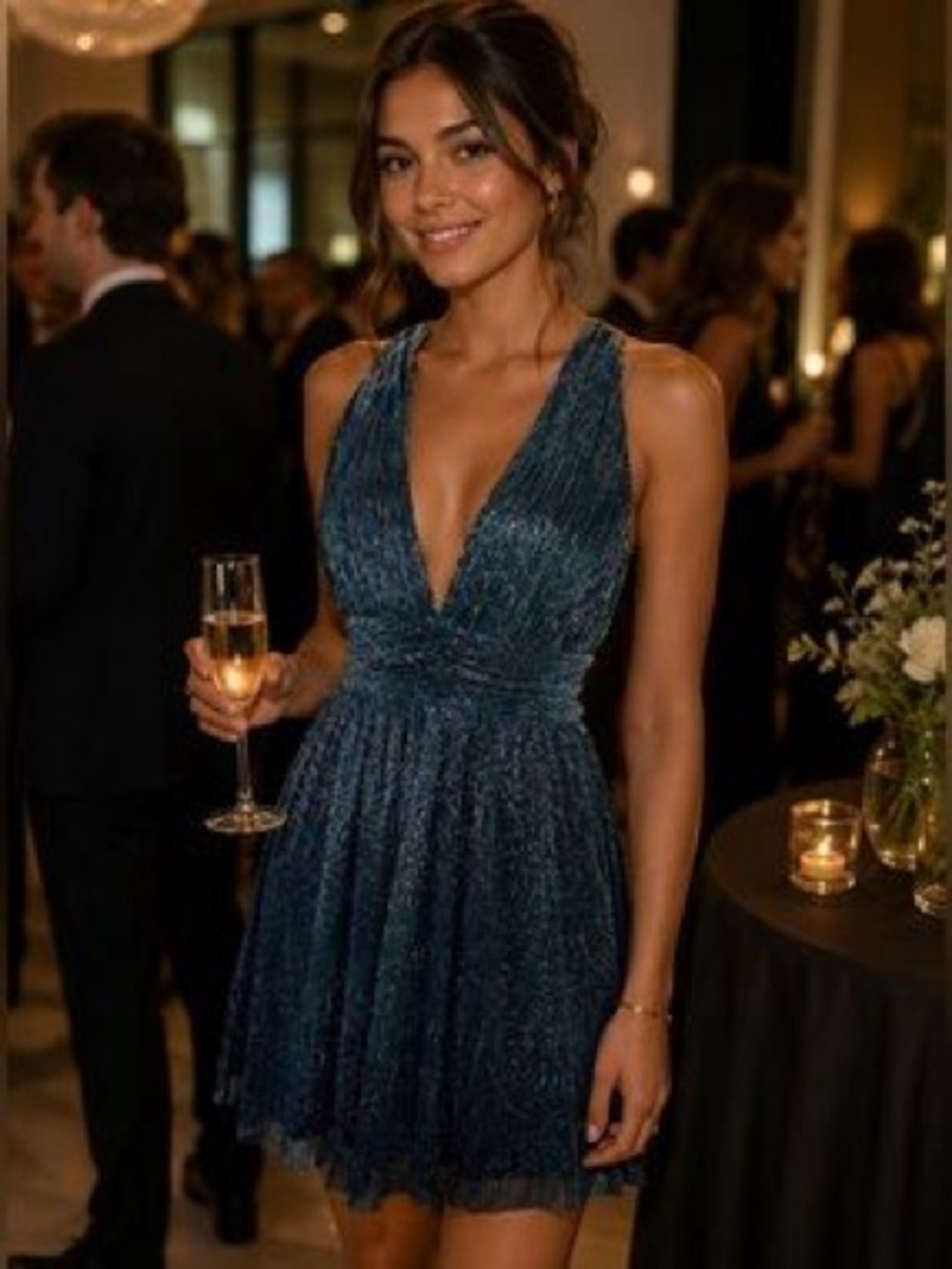 XS Crystal Sky Ailey Gold and Teal Blue Skater Dress